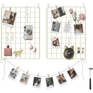 imageSONGMICS Wall Grid for Photo Metal Wall Grid Panel DIY Wire Photo Hanging Display Set of 2 with S Hook Clip Hemp Cord 165 x 122 Inches Black ULPP01HGolden