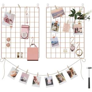 imageSONGMICS Wall Grid for Photo Metal Wall Grid Panel DIY Wire Photo Hanging Display Set of 2 with S Hook Clip Hemp Cord 165 x 122 Inches Black ULPP01HRose Gold