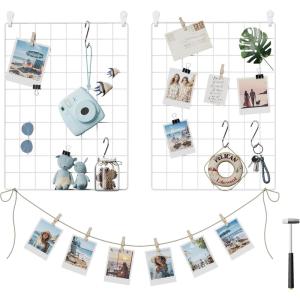 imageSONGMICS Wall Grid for Photo Metal Wall Grid Panel DIY Wire Photo Hanging Display Set of 2 with S Hook Clip Hemp Cord 165 x 122 Inches Black ULPP01HWhite