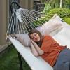 imageSONGMICS Hammock Quilted Hammock with Curved Bamboo Spreaders Pillow 787 x 551 Inches Portable Padded Hammock Holds up to 495 lbampnbspGray and Beige Rhombus UGDC034G02Cream  Beige