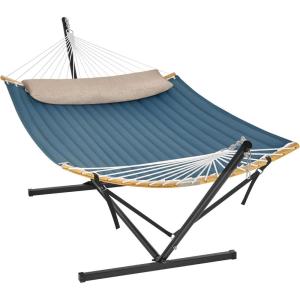 imageSONGMICS Hammock Quilted Hammock with Curved Bamboo Spreaders Pillow 787 x 551 Inches Portable Padded Hammock Holds up to 495 lbampnbspGray and Beige Rhombus UGDC034G02Black  Blue