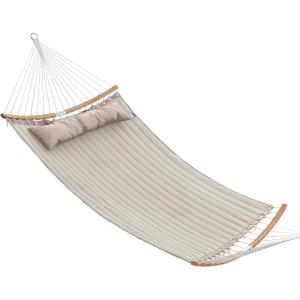 imageSONGMICS Hammock Quilted Hammock with Curved Bamboo Spreaders Pillow 787 x 551 Inches Portable Padded Hammock Holds up to 495 lbampnbspGray and Beige Rhombus UGDC034G02Cream  Beige