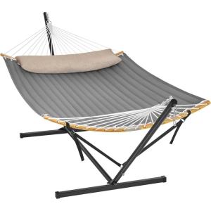 imageSONGMICS Hammock Quilted Hammock with Curved Bamboo Spreaders Pillow 787 x 551 Inches Portable Padded Hammock Holds up to 495 lbampnbspGray and Beige Rhombus UGDC034G02Black  Gray