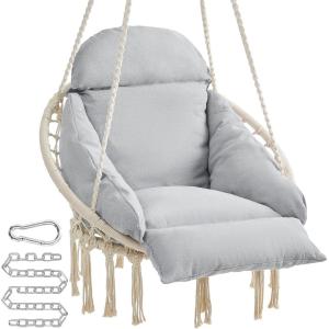imageSONGMICS Hanging Chair Hammock Chair with Large Thick Cushion Boho Swing Chair for Bedroom Patio Balcony Garden Holds up to 264 lb Accessories Included Dove Gray UGDC042G11Cloud White  Gray