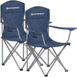 imageSONGMICS 2 Pack Folding Camping Chairs Load 330 lb Cup Holder and High Backrest HeavyDuty Structure for Lawn Garden Fishing TerraceTwilight Blue