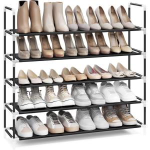 imageSONGMICS 5Tier Shoe Rack Shoe Storage for Hallway Closet Slim and SpaceSaving Metal Frame NonWoven Fabric Shelves Black ULSH55H
