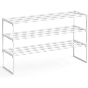 imageSONGMICS Shoe Rack 3Tier Shoe Organizer Metal Storage Shelf Upright or Upside Down for 1620 Pairs Stackable for Entryway 118 x 362 x 217 Inches Black ULSA303B02Pearl White