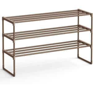 imageSONGMICS Shoe Rack 3Tier Shoe Organizer Metal Storage Shelf Upright or Upside Down for 1620 Pairs Stackable for Entryway 118 x 362 x 217 Inches Black ULSA303B02Walnut Brown