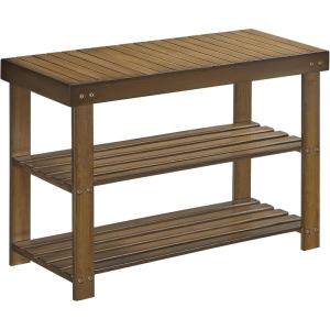 imageSONGMICS Shoe Rack Bench 3Tier Bamboo Shoe Storage Organizer Entryway Bench Holds Up to 286 lb 113 x 276 x 178 Inches for Entryway Bathroom Bedroom Brown ULBS04ZYellow Brown