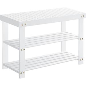 imageSONGMICS Shoe Rack Bench 3Tier Bamboo Shoe Storage Organizer Entryway Bench Holds Up to 286 lb 113 x 276 x 178 Inches for Entryway Bathroom Bedroom Brown ULBS04ZCloud White