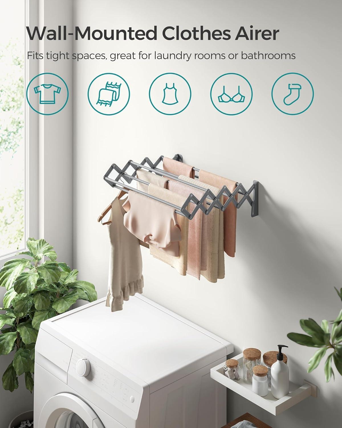 imageSONGMICS Clothes Drying Rack WallMounted Drying Rack Clothing Accordion Laundry Rack 9 Staggered Hanging Rods Expandable and Retractable Steel Cloud White ULLR806W01Dove Gray