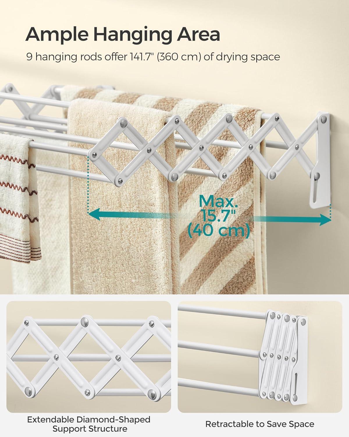 imageSONGMICS Clothes Drying Rack WallMounted Drying Rack Clothing Accordion Laundry Rack 9 Staggered Hanging Rods Expandable and Retractable Steel Cloud White ULLR806W01Cloud White