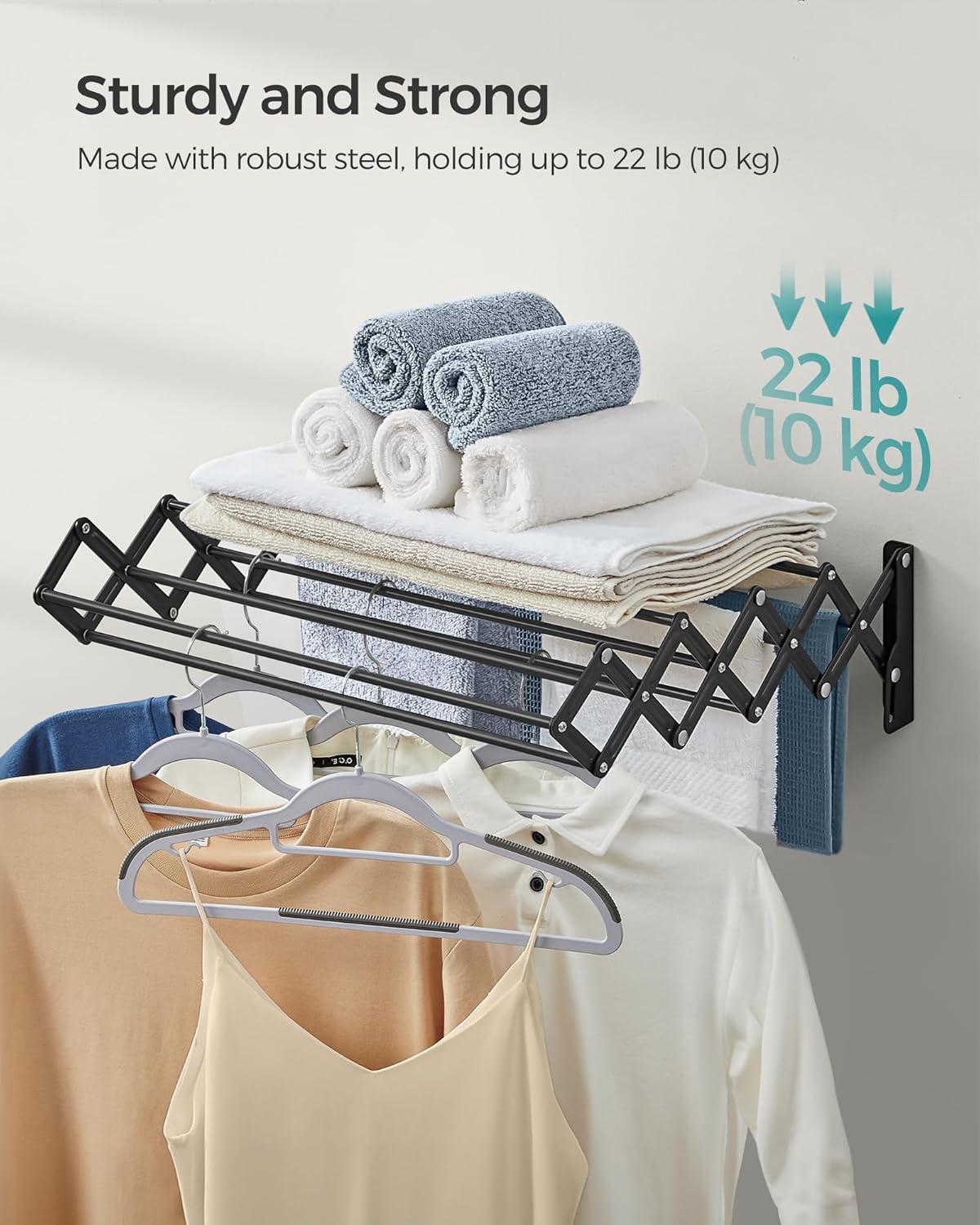 imageSONGMICS Clothes Drying Rack WallMounted Drying Rack Clothing Accordion Laundry Rack 9 Staggered Hanging Rods Expandable and Retractable Steel Cloud White ULLR806W01Ink Black