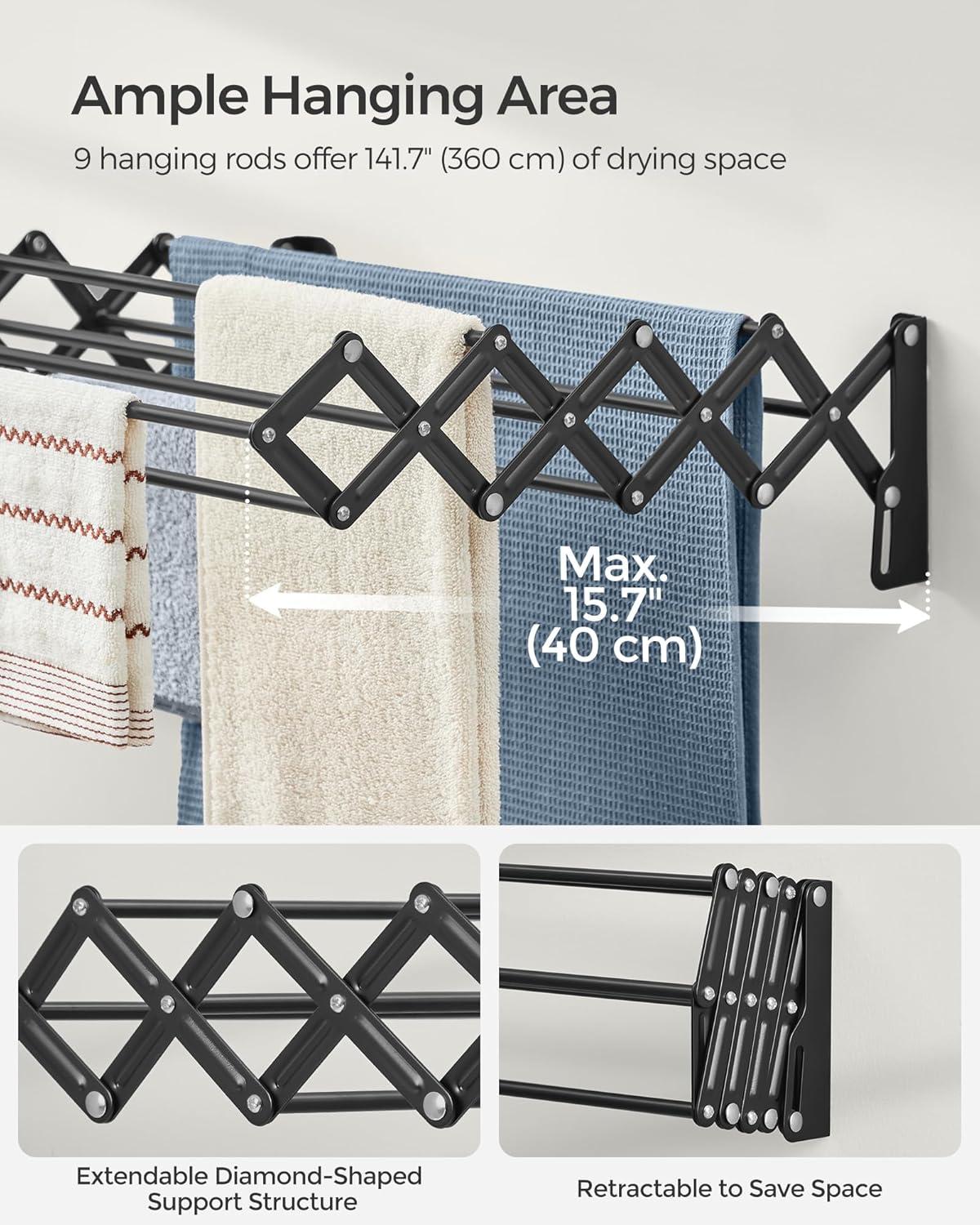 imageSONGMICS Clothes Drying Rack WallMounted Drying Rack Clothing Accordion Laundry Rack 9 Staggered Hanging Rods Expandable and Retractable Steel Cloud White ULLR806W01Ink Black