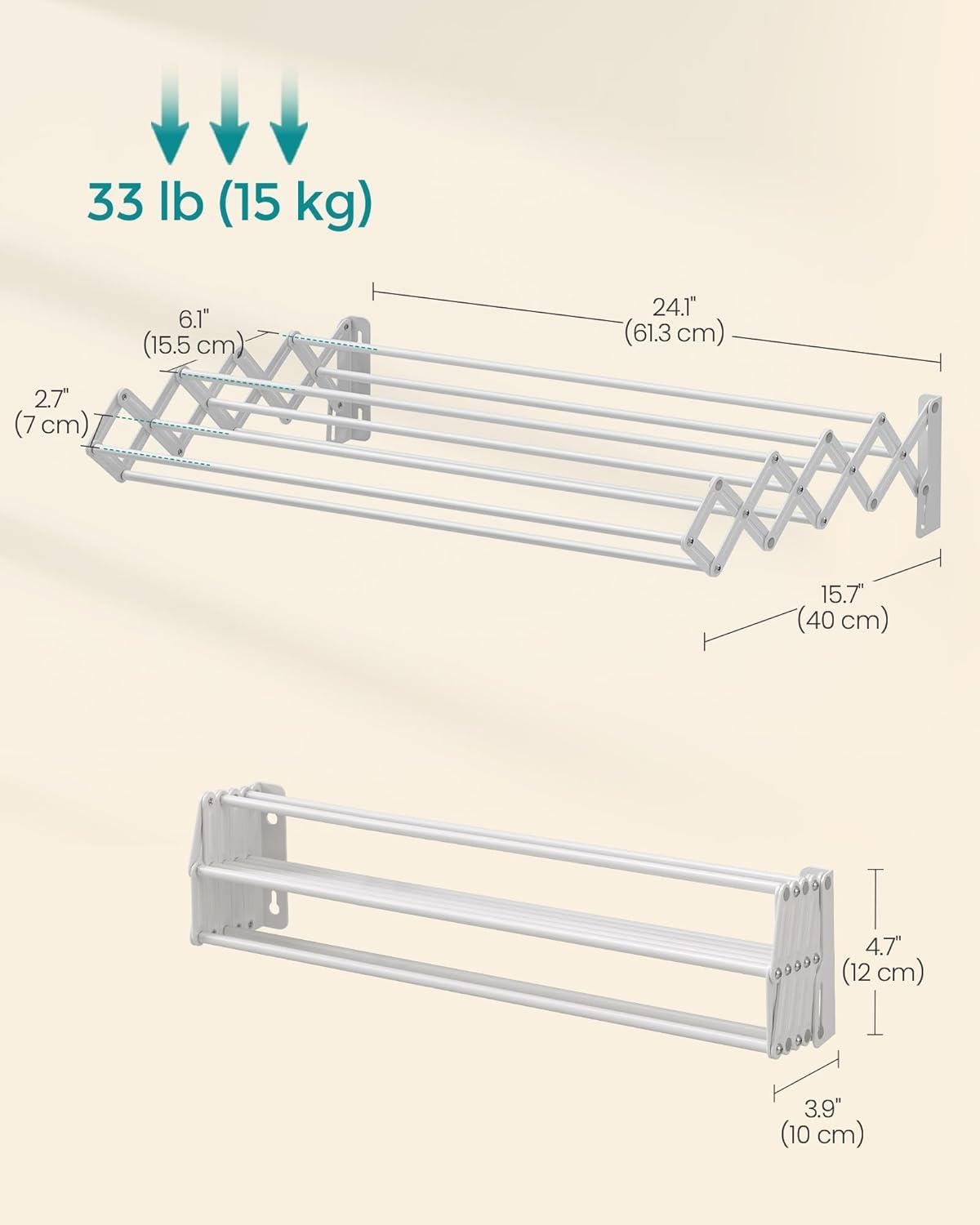 imageSONGMICS Clothes Drying Rack WallMounted Drying Rack Clothing Accordion Laundry Rack 9 Staggered Hanging Rods Expandable and Retractable Steel Cloud White ULLR806W01Cloud White