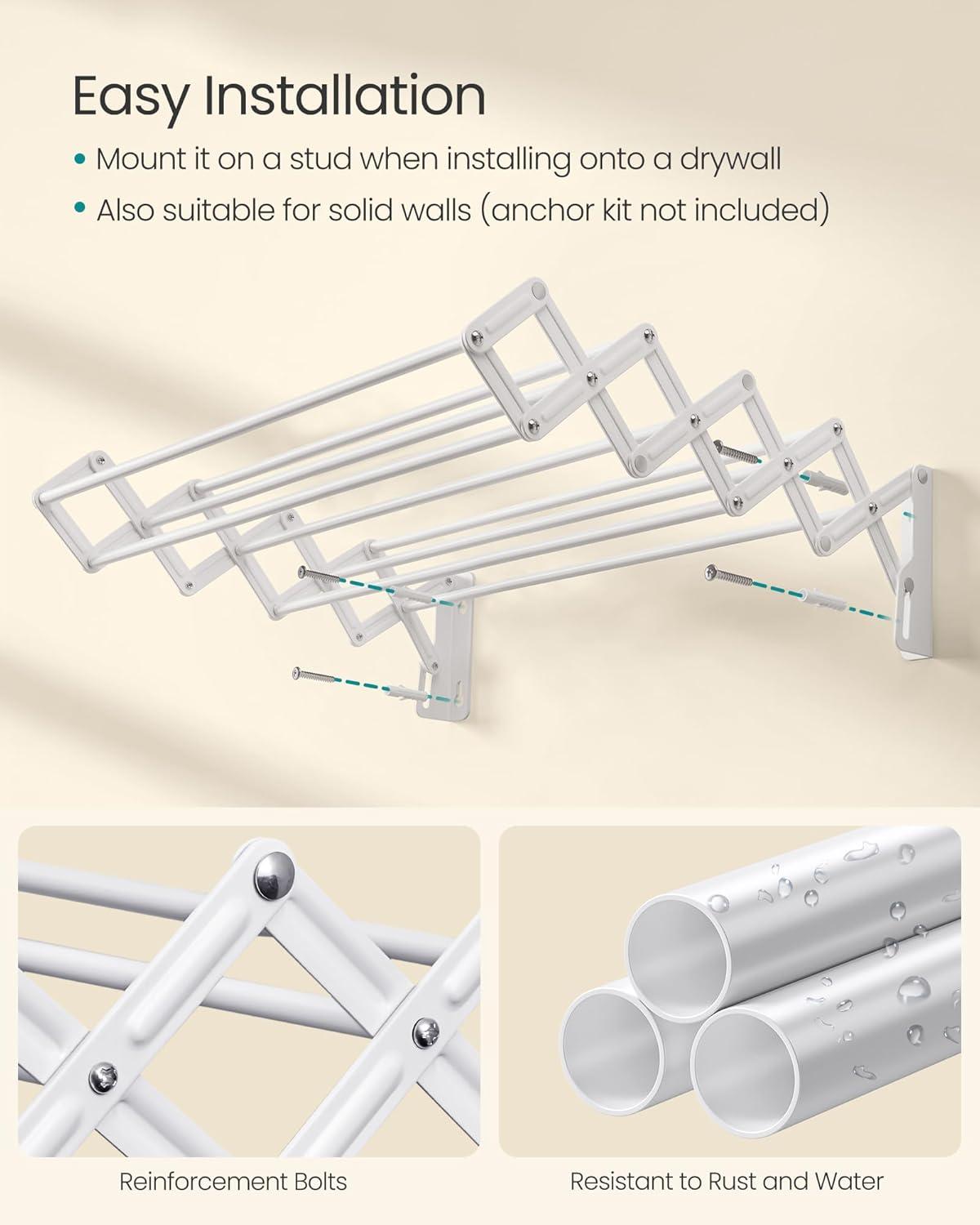 imageSONGMICS Clothes Drying Rack WallMounted Drying Rack Clothing Accordion Laundry Rack 9 Staggered Hanging Rods Expandable and Retractable Steel Cloud White ULLR806W01Cloud White