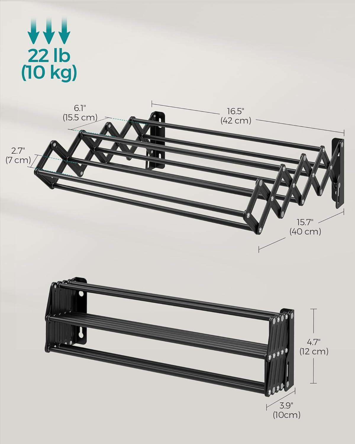 imageSONGMICS Clothes Drying Rack WallMounted Drying Rack Clothing Accordion Laundry Rack 9 Staggered Hanging Rods Expandable and Retractable Steel Cloud White ULLR806W01Ink Black