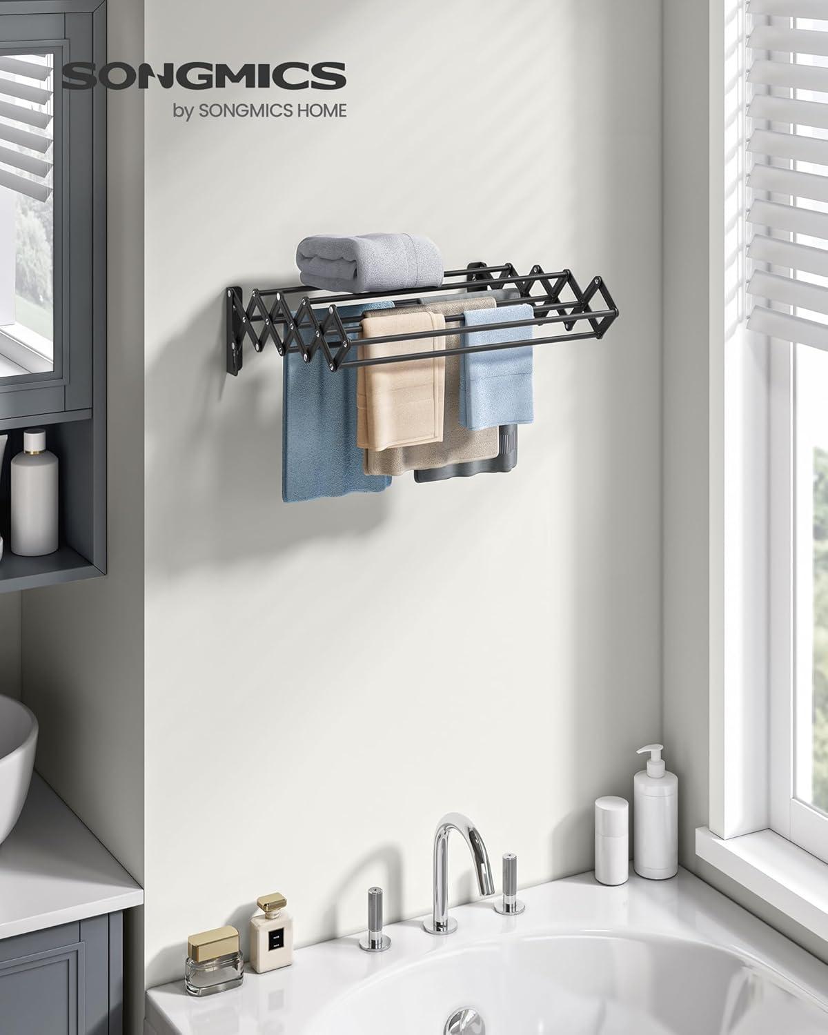 imageSONGMICS Clothes Drying Rack WallMounted Drying Rack Clothing Accordion Laundry Rack 9 Staggered Hanging Rods Expandable and Retractable Steel Cloud White ULLR806W01Ink Black