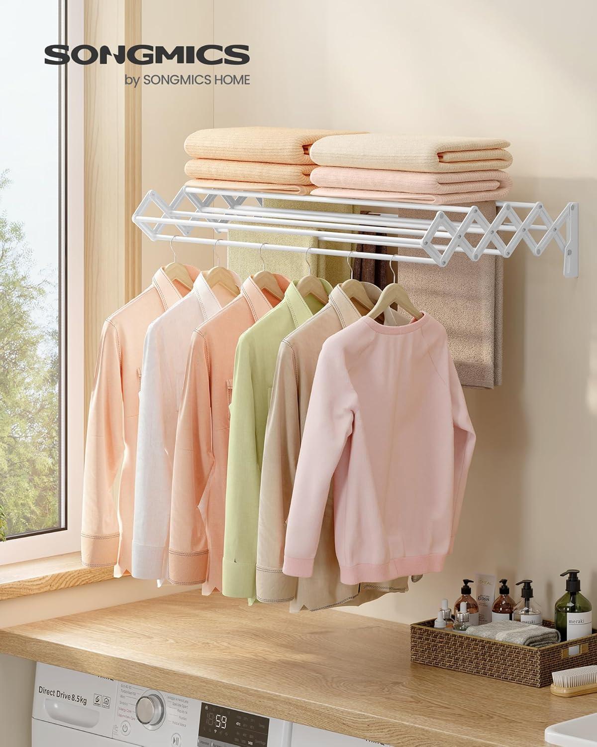 imageSONGMICS Clothes Drying Rack WallMounted Drying Rack Clothing Accordion Laundry Rack 9 Staggered Hanging Rods Expandable and Retractable Steel Cloud White ULLR806W01Cloud White