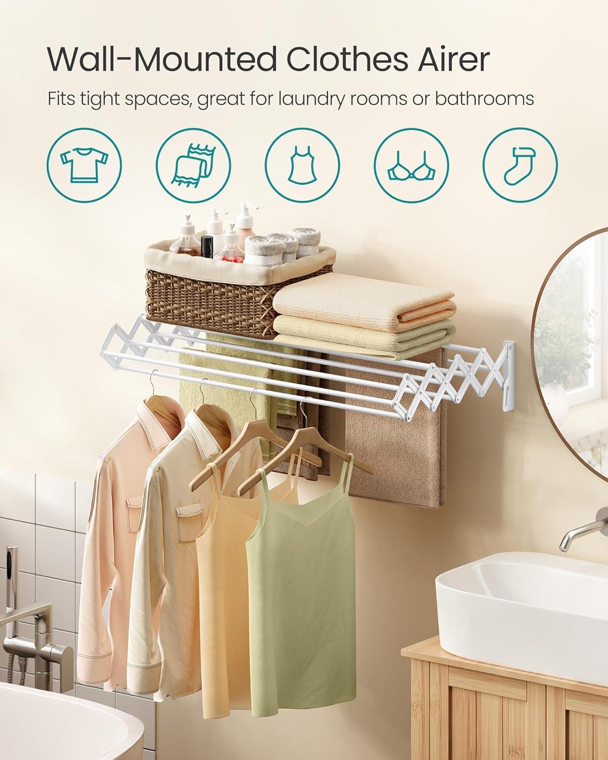 imageSONGMICS Clothes Drying Rack WallMounted Drying Rack Clothing Accordion Laundry Rack 9 Staggered Hanging Rods Expandable and Retractable Steel Cloud White ULLR806W01Cloud White