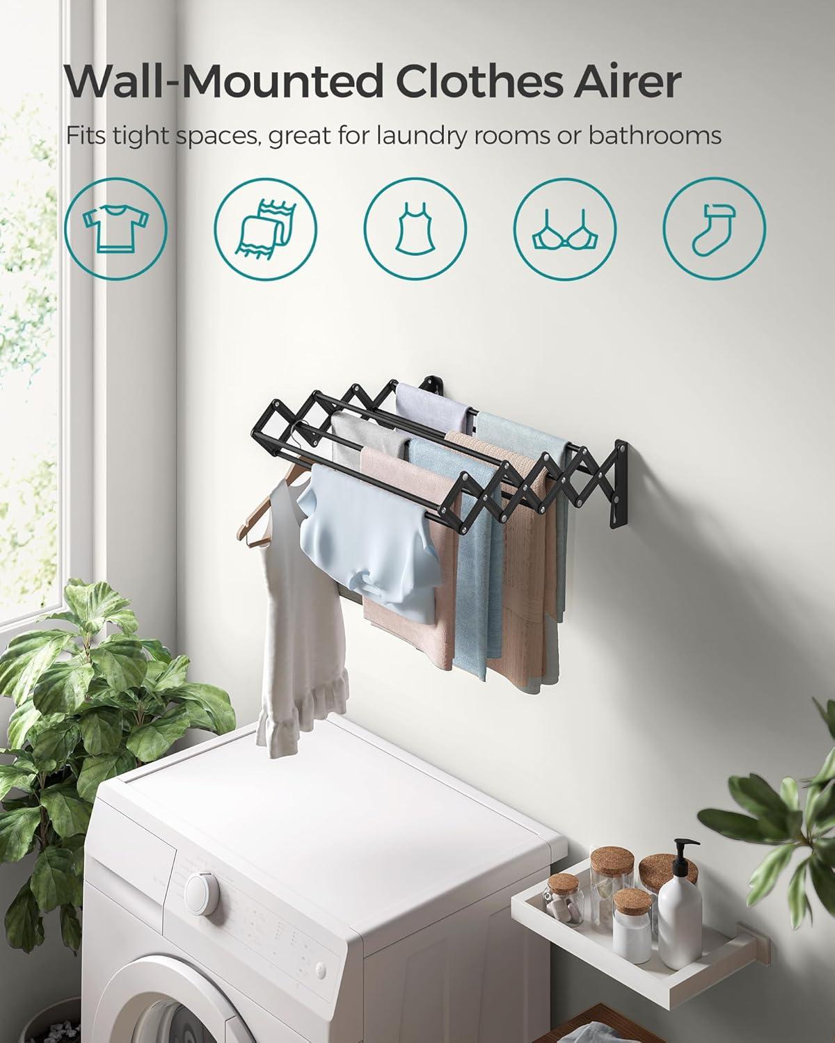 imageSONGMICS Clothes Drying Rack WallMounted Drying Rack Clothing Accordion Laundry Rack 9 Staggered Hanging Rods Expandable and Retractable Steel Cloud White ULLR806W01Ink Black