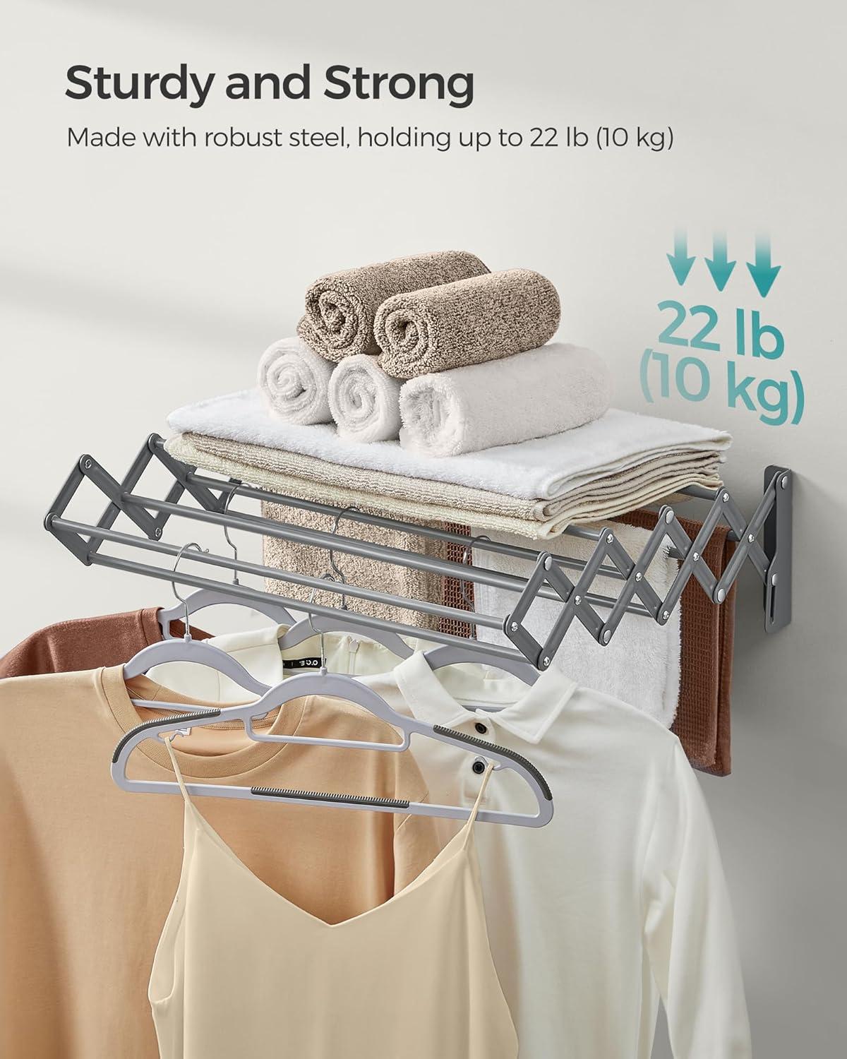 imageSONGMICS Clothes Drying Rack WallMounted Drying Rack Clothing Accordion Laundry Rack 9 Staggered Hanging Rods Expandable and Retractable Steel Cloud White ULLR806W01Dove Gray