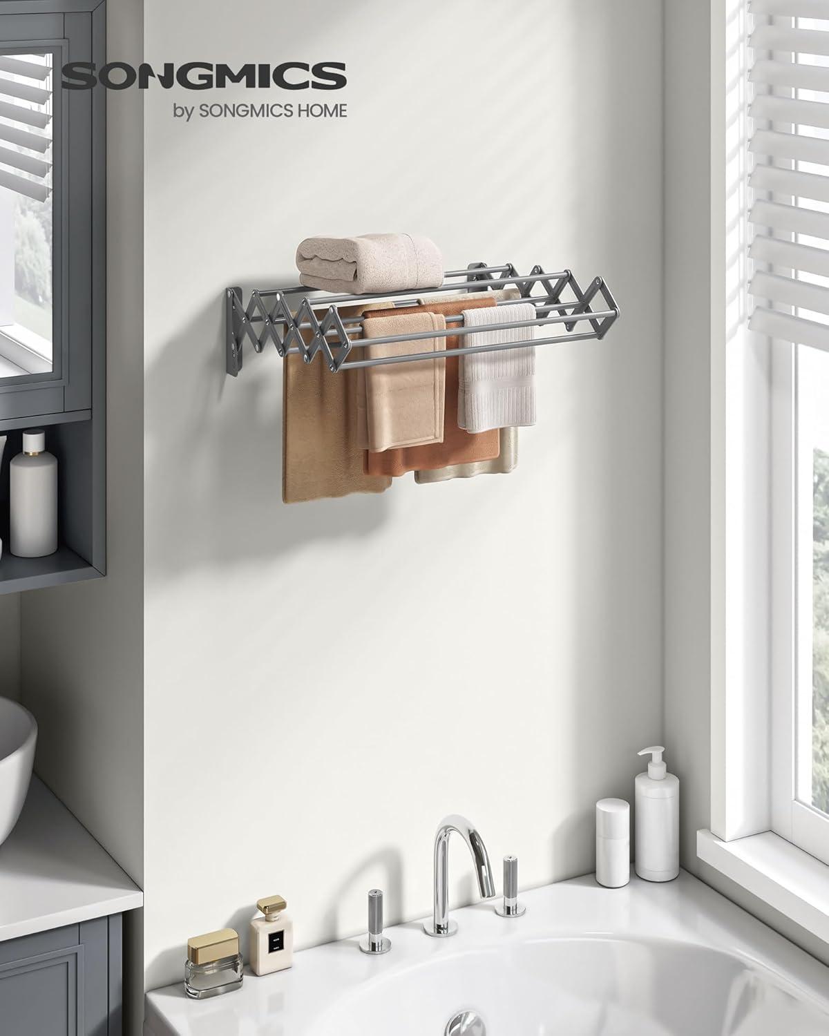 imageSONGMICS Clothes Drying Rack WallMounted Drying Rack Clothing Accordion Laundry Rack 9 Staggered Hanging Rods Expandable and Retractable Steel Cloud White ULLR806W01Dove Gray