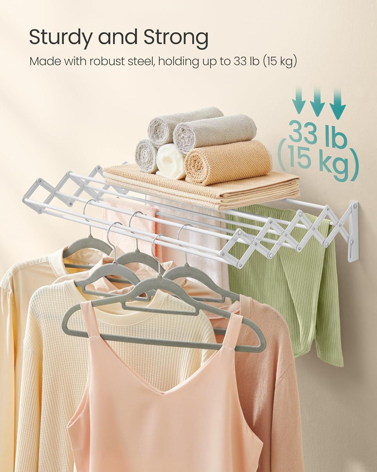 imageSONGMICS Clothes Drying Rack WallMounted Drying Rack Clothing Accordion Laundry Rack 9 Staggered Hanging Rods Expandable and Retractable Steel Cloud White ULLR806W01Cloud White