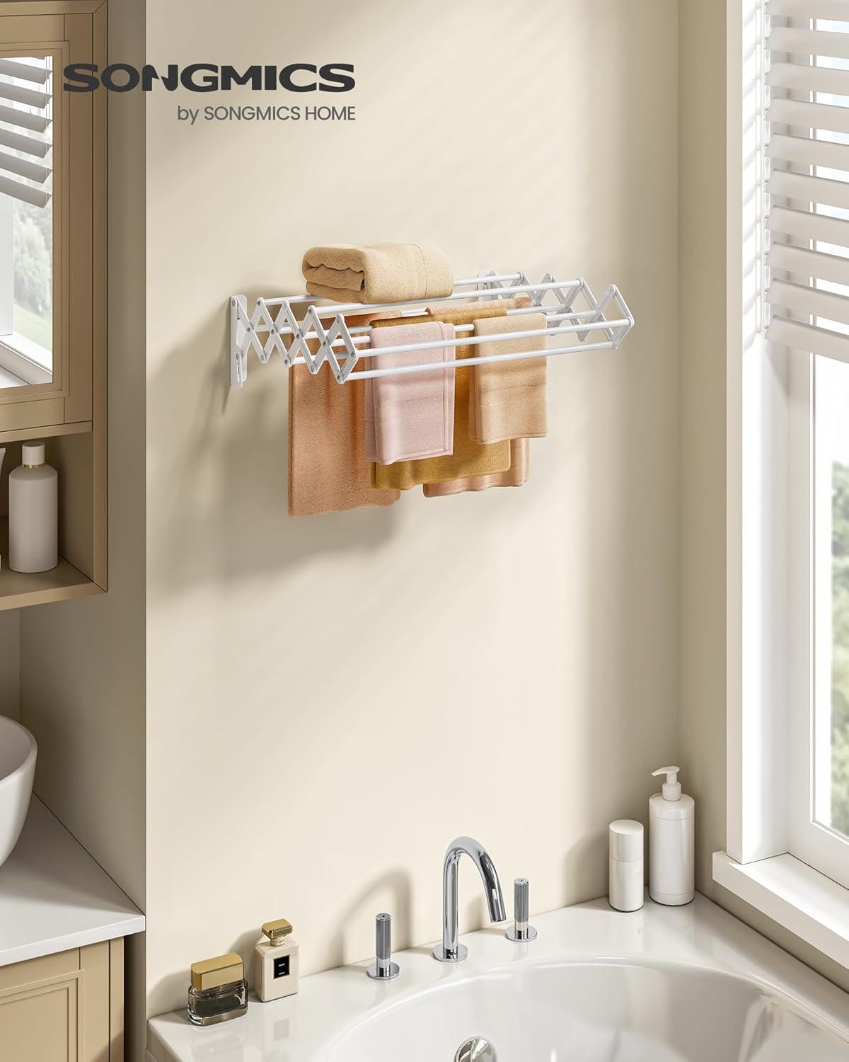 imageSONGMICS Clothes Drying Rack WallMounted Drying Rack Clothing Accordion Laundry Rack 9 Staggered Hanging Rods Expandable and Retractable Steel Cloud White ULLR806W01Cloud White
