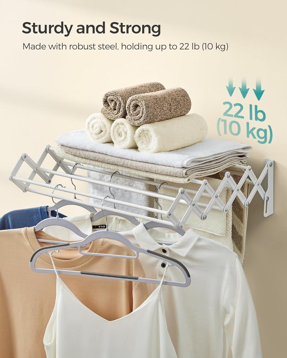 imageSONGMICS Clothes Drying Rack WallMounted Drying Rack Clothing Accordion Laundry Rack 9 Staggered Hanging Rods Expandable and Retractable Steel Cloud White ULLR806W01Cloud White