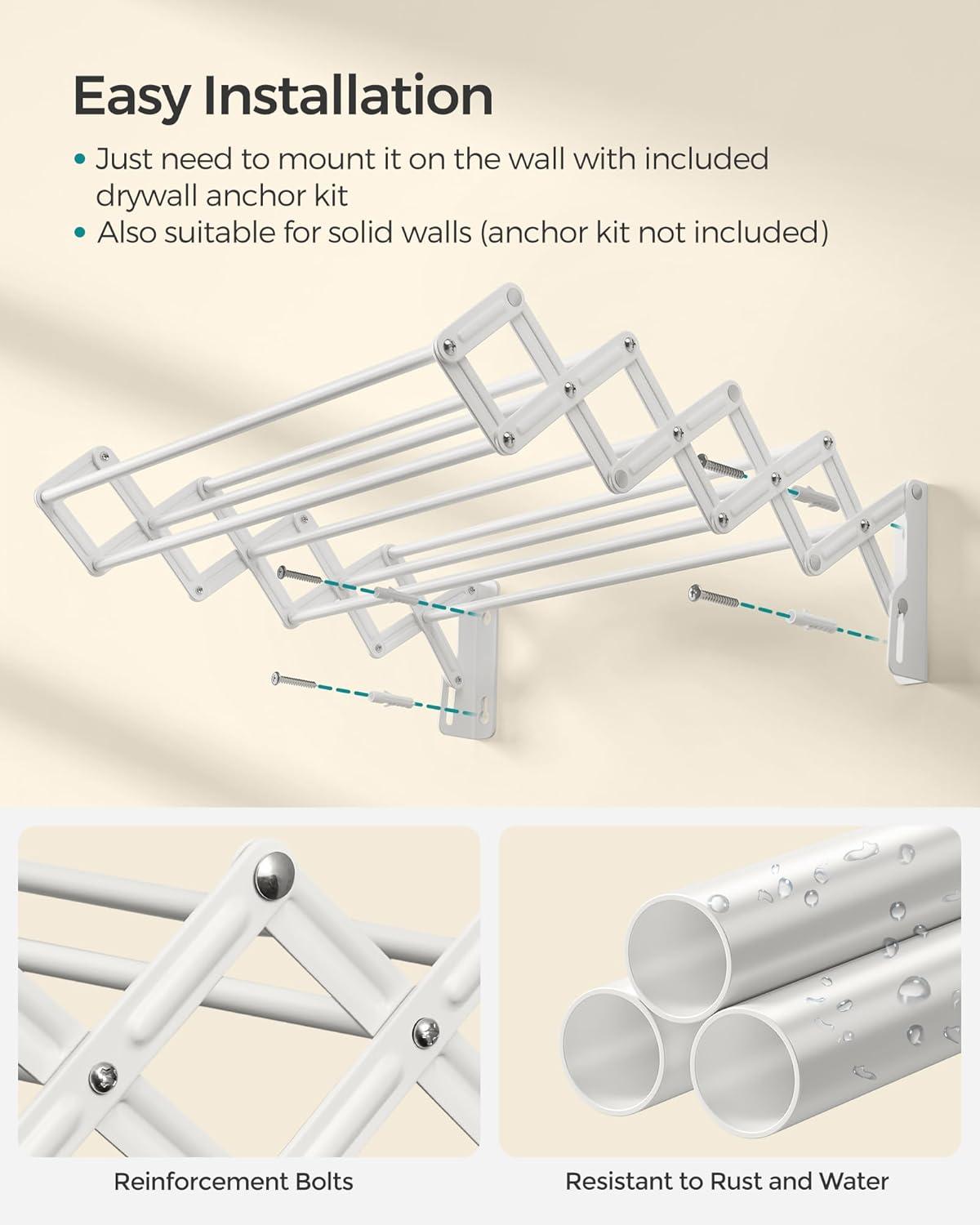 imageSONGMICS Clothes Drying Rack WallMounted Drying Rack Clothing Accordion Laundry Rack 9 Staggered Hanging Rods Expandable and Retractable Steel Cloud White ULLR806W01Cloud White
