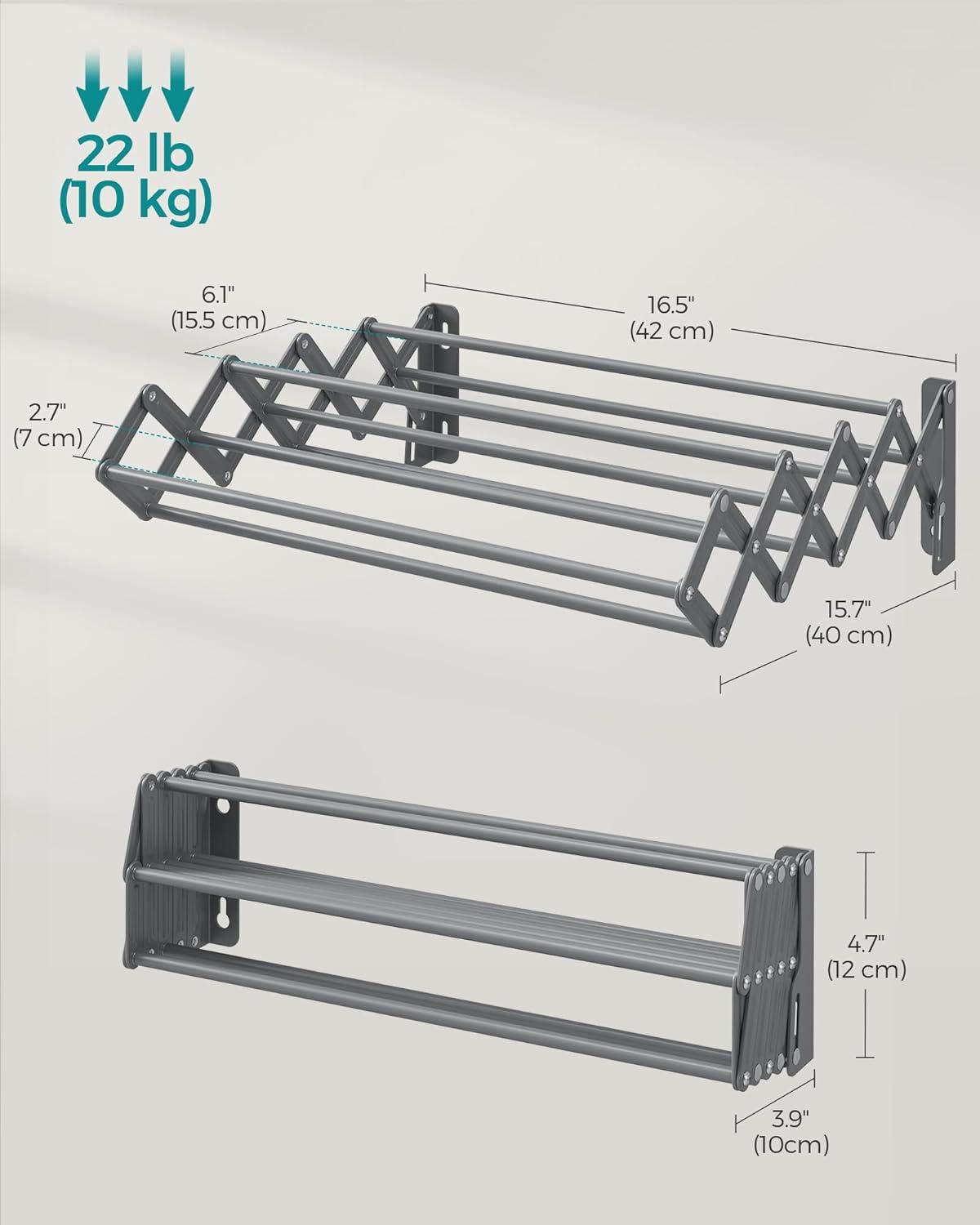 imageSONGMICS Clothes Drying Rack WallMounted Drying Rack Clothing Accordion Laundry Rack 9 Staggered Hanging Rods Expandable and Retractable Steel Cloud White ULLR806W01Dove Gray