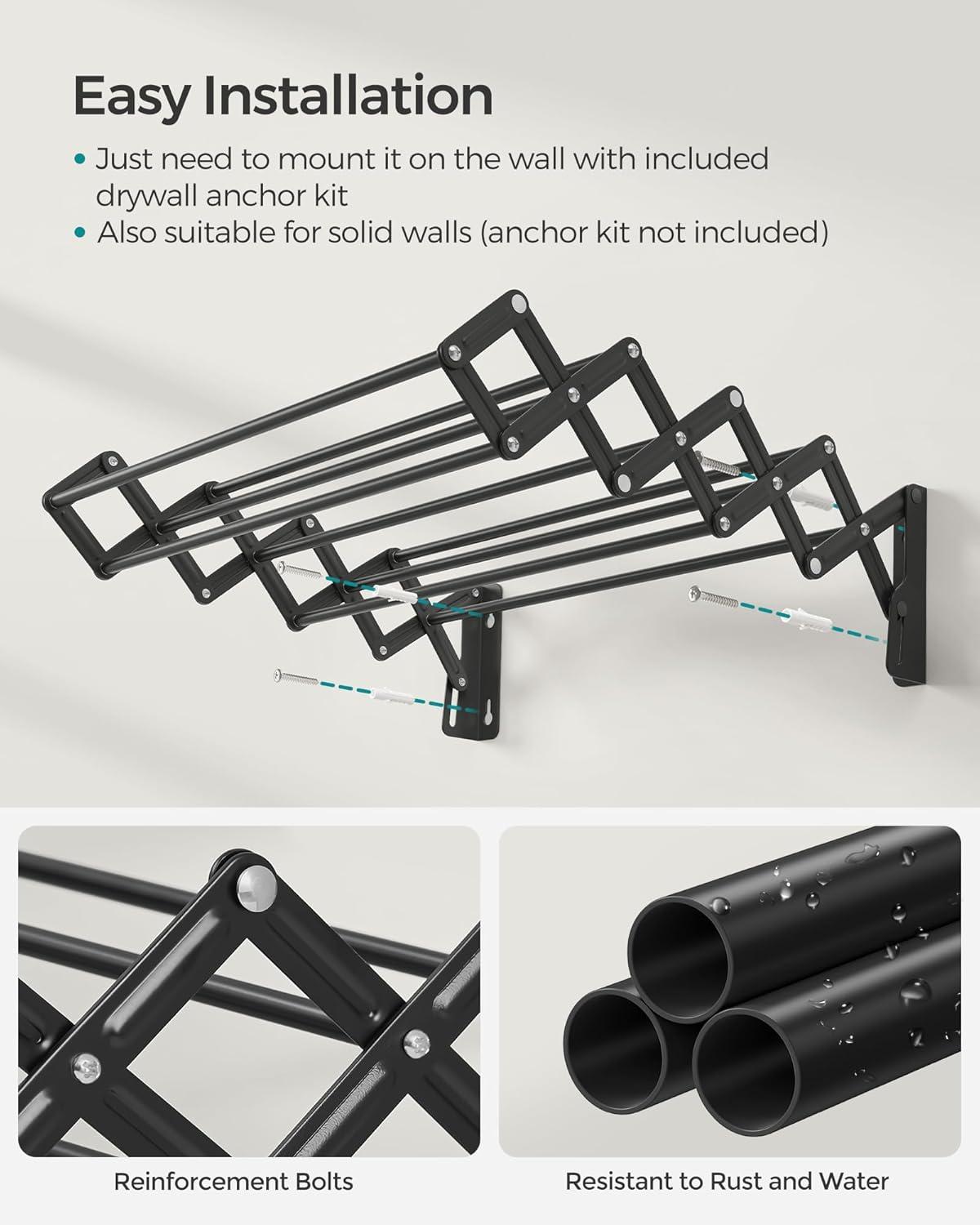 imageSONGMICS Clothes Drying Rack WallMounted Drying Rack Clothing Accordion Laundry Rack 9 Staggered Hanging Rods Expandable and Retractable Steel Cloud White ULLR806W01Ink Black