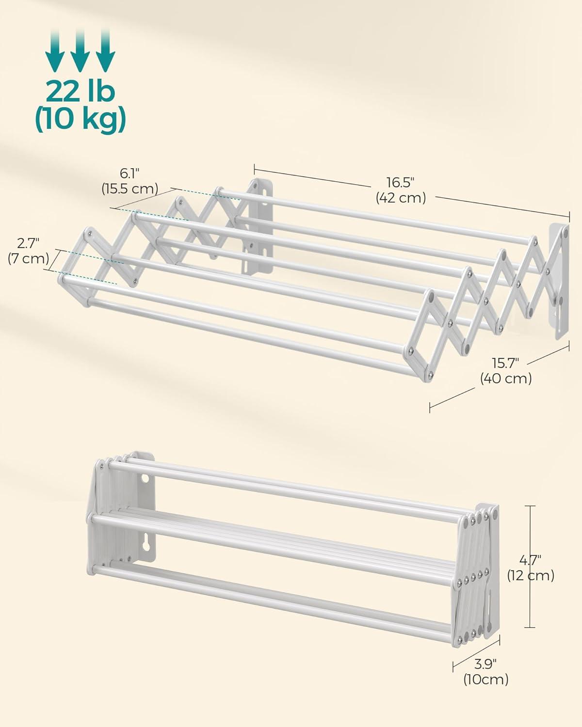imageSONGMICS Clothes Drying Rack WallMounted Drying Rack Clothing Accordion Laundry Rack 9 Staggered Hanging Rods Expandable and Retractable Steel Cloud White ULLR806W01Cloud White