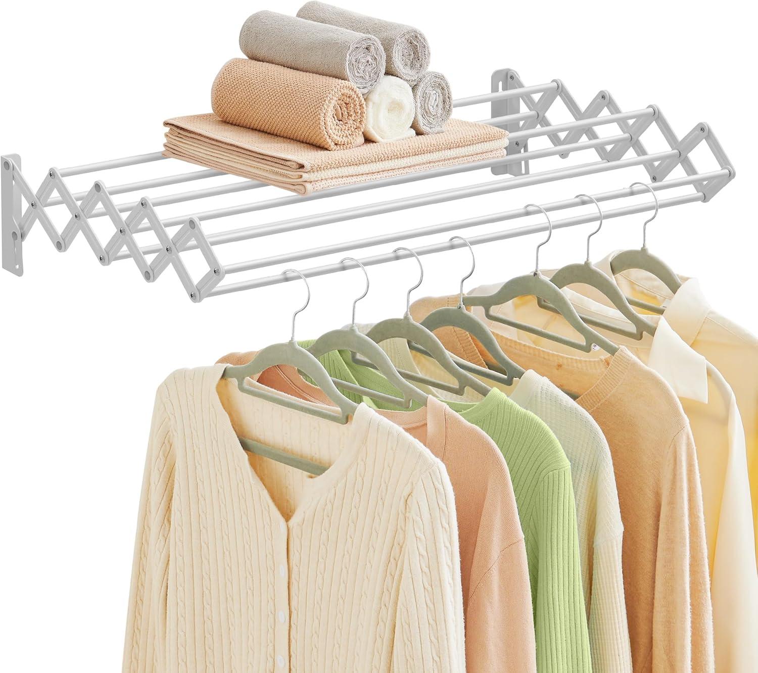 imageSONGMICS Clothes Drying Rack WallMounted Drying Rack Clothing Accordion Laundry Rack 9 Staggered Hanging Rods Expandable and Retractable Steel Cloud White ULLR806W01Cloud White