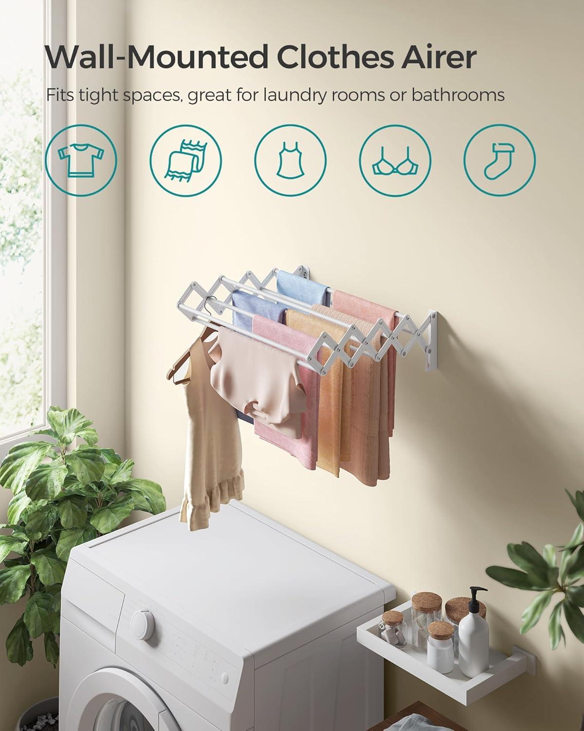 imageSONGMICS Clothes Drying Rack WallMounted Drying Rack Clothing Accordion Laundry Rack 9 Staggered Hanging Rods Expandable and Retractable Steel Cloud White ULLR806W01Cloud White