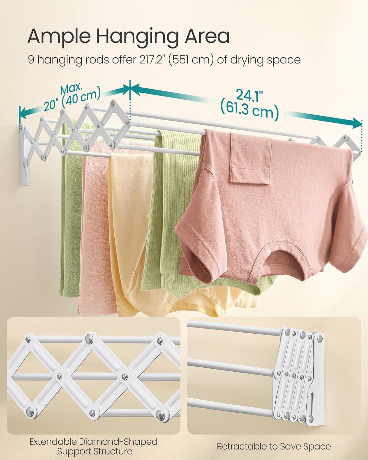 imageSONGMICS Clothes Drying Rack WallMounted Drying Rack Clothing Accordion Laundry Rack 9 Staggered Hanging Rods Expandable and Retractable Steel Cloud White ULLR806W01Cloud White
