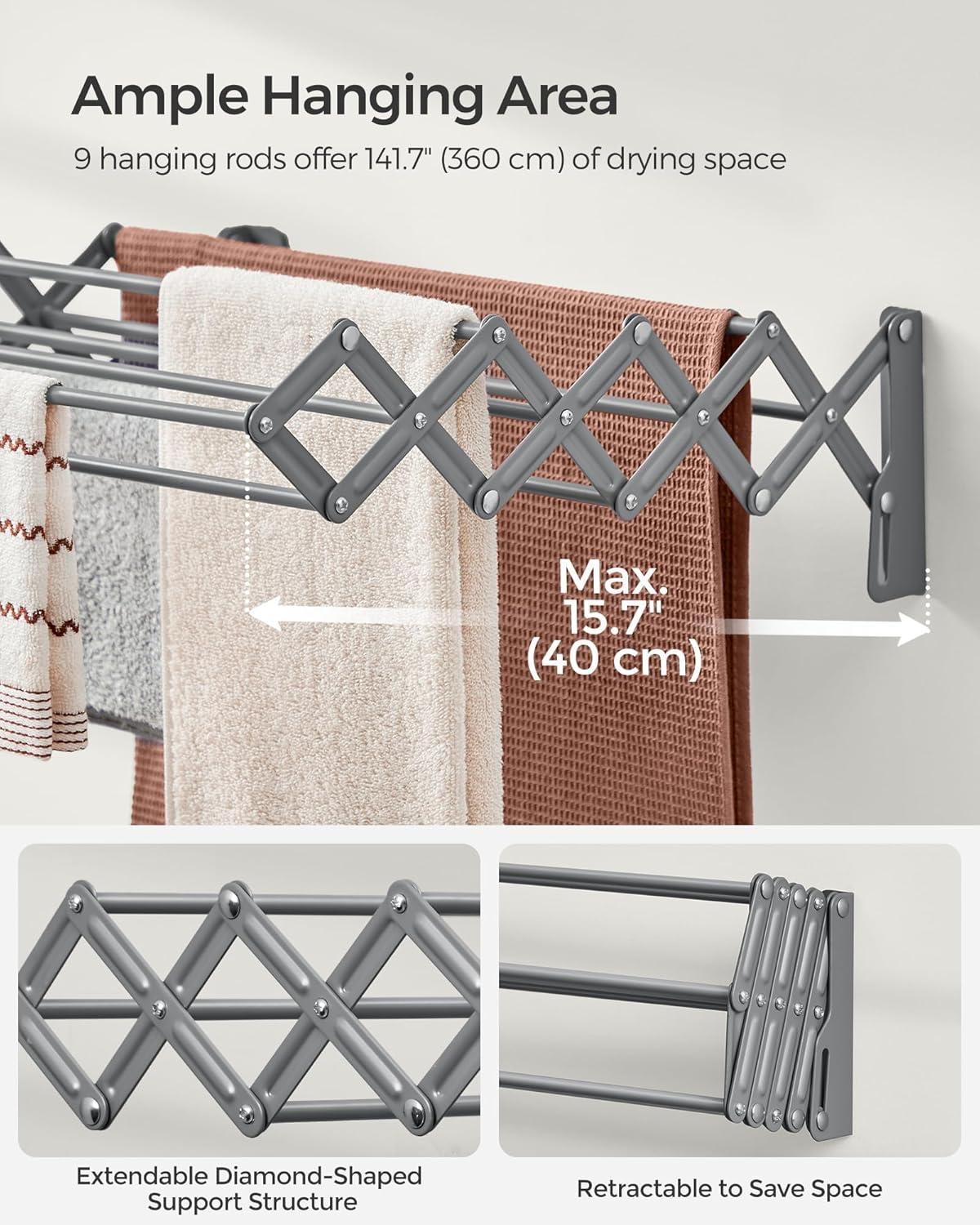 imageSONGMICS Clothes Drying Rack WallMounted Drying Rack Clothing Accordion Laundry Rack 9 Staggered Hanging Rods Expandable and Retractable Steel Cloud White ULLR806W01Dove Gray