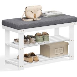 imageSONGMICS Bamboo Shoe Bench 3Tier Shoe Rack Organizer for Entryway Living Room Bench Seat Holds Up to 330 lb 114 x 28 x 193 Inches Brown and Gray ULBS604CGWhite  Gray