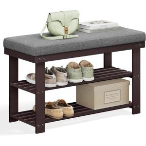 imageSONGMICS Bamboo Shoe Bench 3Tier Shoe Rack Organizer for Entryway Living Room Bench Seat Holds Up to 330 lb 114 x 28 x 193 Inches Brown and Gray ULBS604CGBrown  Gray