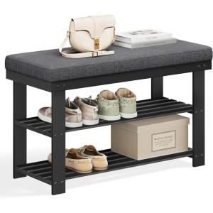 imageSONGMICS Bamboo Shoe Bench 3Tier Shoe Rack Organizer for Entryway Living Room Bench Seat Holds Up to 330 lb 114 x 28 x 193 Inches Brown and Gray ULBS604CGBlack  Gray