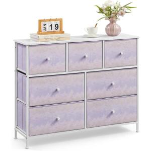 imageSONGMICS Dresser for Bedroom Chest of Drawers Closet Organizer and Storage Cabinet with 7 Fabric Drawers Metal Frame Snow White and Pale Purple ULTS117W03