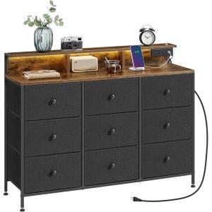imageSONGMICS Dresser for Bedroom Storage Organizer with 9 Fabric Drawers and LED Lights Charging Station Steel Frame 132 x 449 x 33 Inches Entryway Cloud White ULTS519W01Ink Black