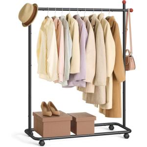 imageSONGMICS HOME DoubleRod Clothes Rack Clothing Rack on Wheels Portable Garment Rack with 2 Clothes Hanging Rails Fabric Shelf and Storage Bag MatchstickShaped Hooks Ink Black UHSR171B01Single Rod