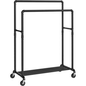 imageSONGMICS HeavyDuty Clothes Rack DoubleRod Clothing Rack for Hanging Clothes Industrial Garment Rack on Wheels Metal Frame 2 Casters with Brakes Commercial Display Black UHSR60BDouble Rod