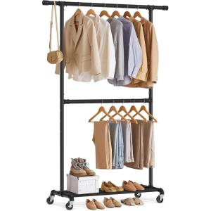 imageSONGMICS HeavyDuty Clothes Rack DoubleRod Clothing Rack for Hanging Clothes Industrial Garment Rack on Wheels Metal Frame 2 Casters with Brakes Commercial Display Black UHSR60BMiddle Rod