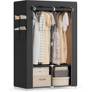 imageSONGMICS Portable Closet Wardrobe Closet Organizer with Cover 4 Hanging Rods and Shelves 4 Side Pockets 669 x 177 x 657 Inches Large Capacity for Bedroom Living Room Ink Black URYG094B02Ink Black