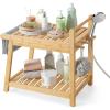 imageSONGMICS Bamboo Shower Bench with Storage Shelf Shower Chair Water Resistant Shower Stool with Handle and Hooks Shower Head Holder NonSlip Feet for Bathroom Adults Natural Beige UBCB121N01