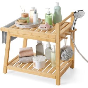 imageSONGMICS Bamboo Shower Bench with Storage Shelf Shower Chair Water Resistant Shower Stool with Handle and Hooks Shower Head Holder NonSlip Feet for Bathroom Adults Natural Beige UBCB121N01