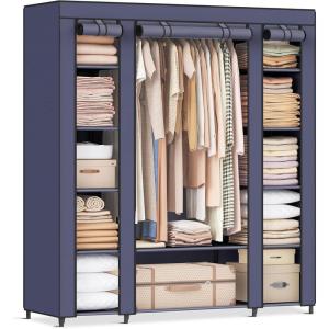 imageSONGMICS Closet Wardrobe Portable Closet for Bedroom Clothes Rail with NonWoven Fabric Cover Clothes Storage Organizer 59 x 177 x 69 Inches 12 Compartments Black ULSF03HDark Blue